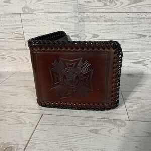 VTG Bifold Leather Wallet Hand Tooled Whipstitch USA Made VFW Veteran Military